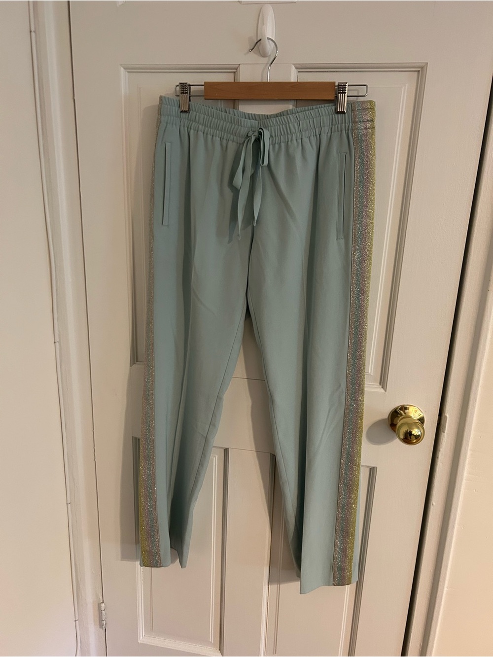 Zadig & Voltaire light blue satin track shorts with metallic stripe